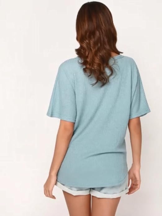 IWOLLENCE Women's Waffle Knit Tunic Blouse Tie Knot Short Sleeve