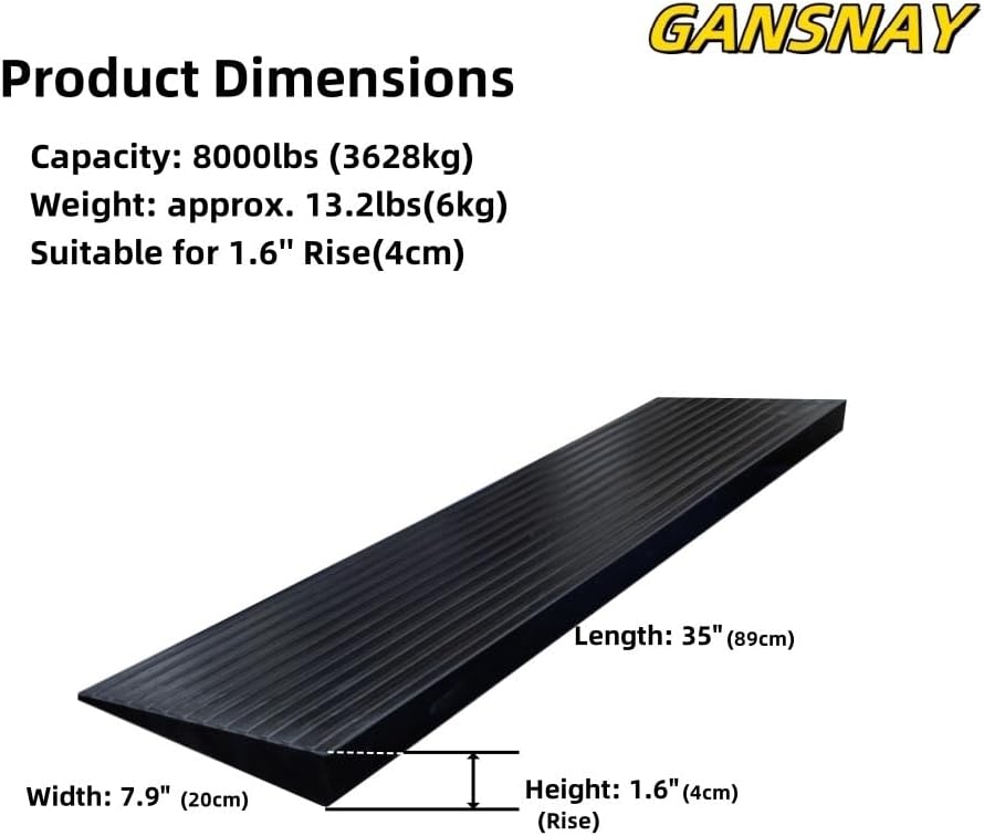 1.6" Rise Threshold Ramps for Doorways, Driveways, Heavy Duty Solid Rubber 8000lbs Capacity, Non-Slip & Cuttable Handicap Ramp for Wheelchairs, Scooters, Strollers, Curbs- 1.6?Rise (35?×7.9?)