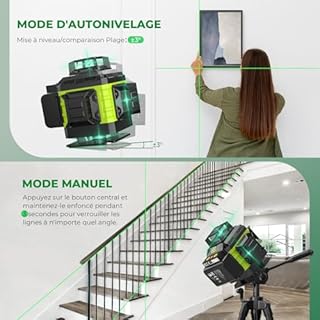Niveau Laser Chantier Autonivelant 360° x 4, Lazer Niveaux 4D 16 Lignes Laser, Autonivellement et Mode Pulsé Extérieur, 2 x Batterie, Nivellement Automatique, Support Rotatif, Télécommande, Trépied
