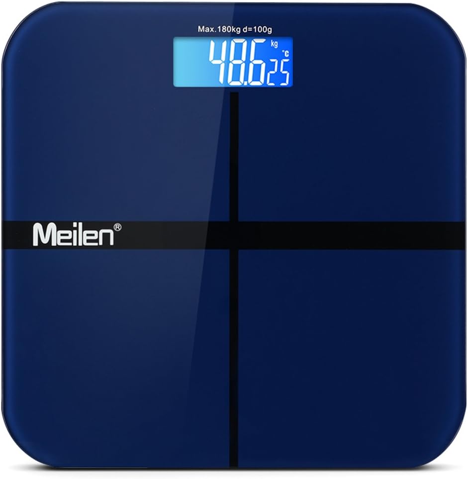 Digital Bathroom Scale w/Step-On Techonology Precision Measures Weight and Room Temperature,Large Backlit LCD and Round Edge Tempered Glass Platform, 400lb/180kg (Blue)