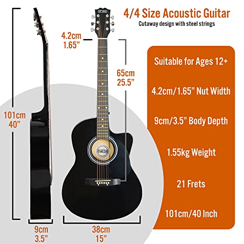 Image of 3rd Avenue Full Size 4 /4 Cutaway Acoustic Guitar Pack Bundle for Beginners - Bag, Strap, Picks and Spare Strings - Black