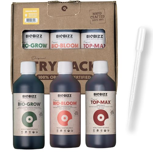 Biobizz Trypack Indoor – Set mit Bio Grow, Bio Bloom und Top Max Dosierpipette, organische Dünger für Indoor-Anbau