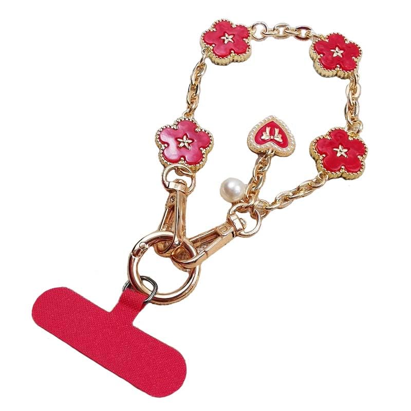 Phone Wrist Strap with phone Tether Tab, Flower Metal Phone Charm Strap Mobile Phone Chain Phone Wrist Lanyard Cell Phone Wristlet (Red)
