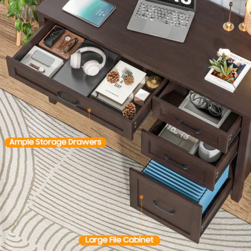 Image of Farmhouse 47 inch Executive Desk with 4 Drawers, Computer Desk with File Drawer and Charging Station, Workstation for Study,Home Office(Walnut