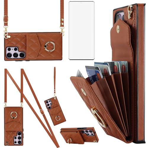 Coque Samsung S25 Ultra avec protège-écran verre trempé et étui portefeuille cuir