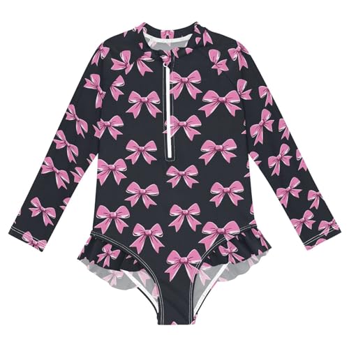 ALAZA Funny Bow Black Girls One Piece Swimsuit Long Sleeve Rash Guard Swimsuits UV 50+ Swimwear Zipper