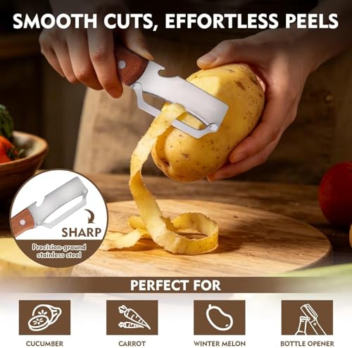 Image of LOTERO Peeler for Vegetables and Fruits | Multi-Functional Vegetable Peelers for Kitchen with Non-Slip Wooden Handle & Bottle Opener | Food Grade & Heavy-Duty | Kitchen Accessories Items for Home