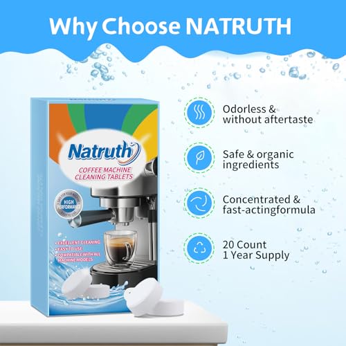 NATRUTH Coffee Machine Cleaner Descaler Tablets - 20 Count, Compatible With Nespresso, Keurig, Ninja, Delonghi, Miele, Coffee Maker Pot Descaling & Cleaning Tabs, Descale Drip Coffee Espresso Machines