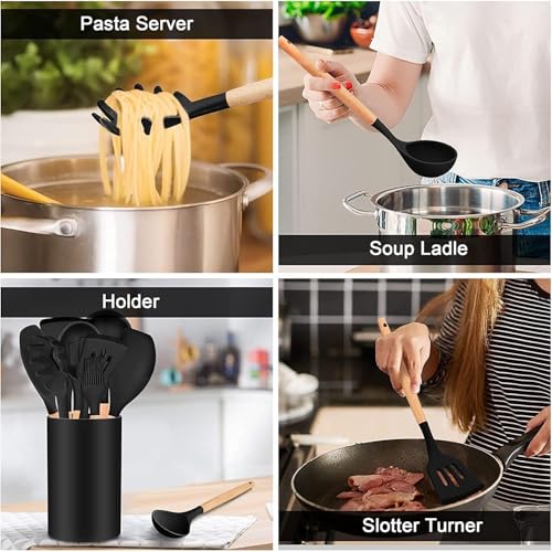 Image of Barebeauty 12 Pcs Silicone Kitchen Utensils Set with Holder Heat Resistant Silicone Spatula | Turner Set Wooden Spoons Kitchen Tools | Cooking Utensils for Nonstick Cookware (Black)