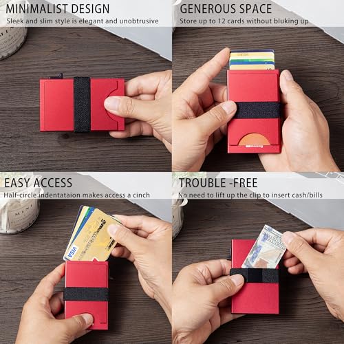 Image of Card Holder Wallets for Men | Slim Aluminum Wallet | RFID Blocking Minimalist Metal Pop Up Wallet | Money Clip & Cash Band | Expandable Compact Plate | Men's Accessories & Gifts for Men,Red