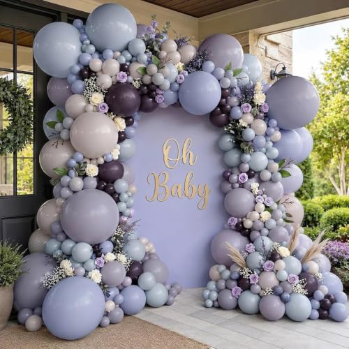 Image of Baby Blue Purple Balloon Arch Double Stuffed Lavender White Balloon Garland | Dusty Lilac Viloet Plum White Sand Balloons for Baby Shower,Birthday,Bridal,Fairy,Butterfly,BlueBerry Party Decorations