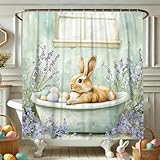 Duschvorhang mit niedlichem Hasen-Motiv, Aquarell, hellbraun, cremefarben, Badezimmer-Dekoration für Ostern, Frühling, fantasievolles Blumen-Design für Kinder & Familie, wasserdichtes