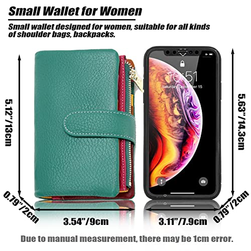 Small Bifold Real Leather Wallet Women Designer Minimalist RFID Blocking Wallet with Removable Card Holder & Coins Pocket (Aqua Green),WL-0313