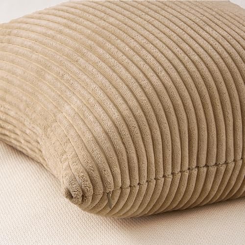 Image of Topfinel Beige Brown Throw Pillow Covers Rustic Modern Soft Corduroy Striped Decorative Cushion Cover 16x16 Inch Gradient Farmhouse Pillow Case Set of 4 for Sofa Couch Living Room Bedroom