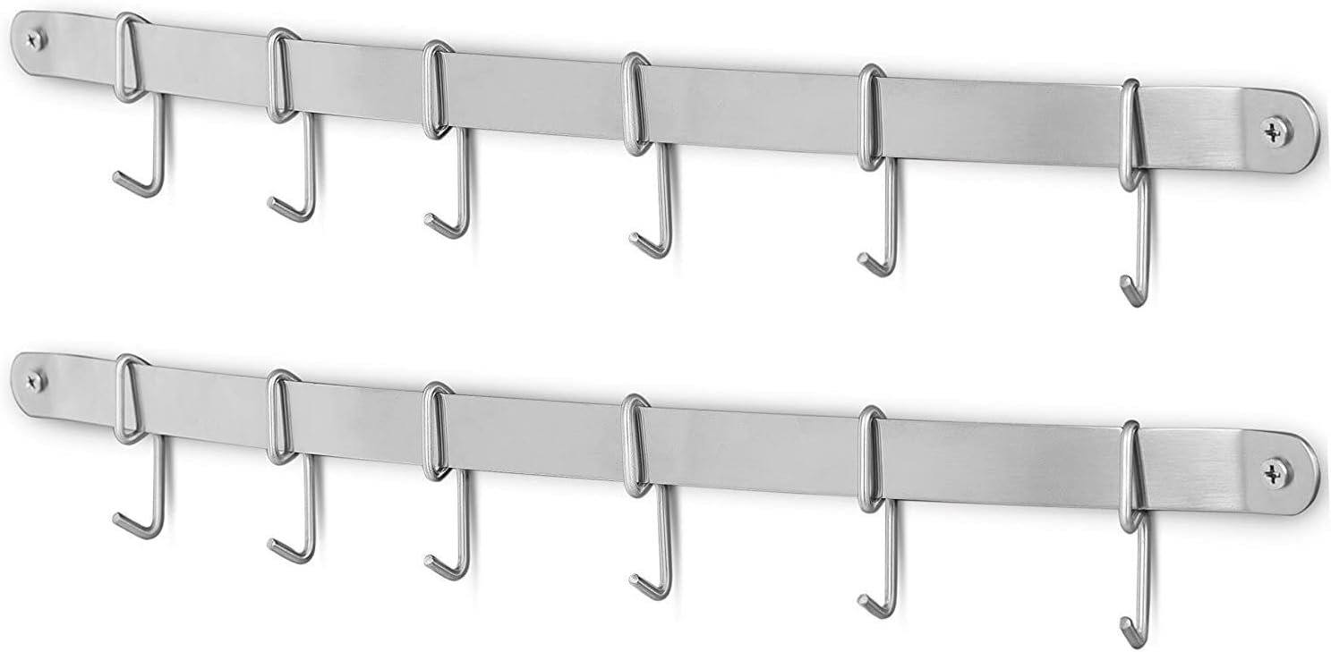 Stainless Steel Kitchen Utensil Racks Holder Hanging Rail Organize Pots Pans Kitchen Knife Gadgets On Wall Mounted Hanger Bar Rail Under Cabinet Shelf (6 Hook,17") Pack of 2