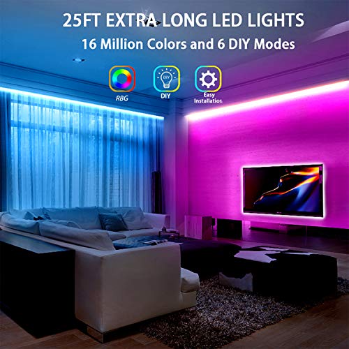 Dalattin Led Lights For Bedroom 25Ft Rgb 5050 Led Strip Lights Color Changing Kit With 44 Keys Remote Controller And 12V Power Supply Led Light Strips Indoor Decoration #TOP1