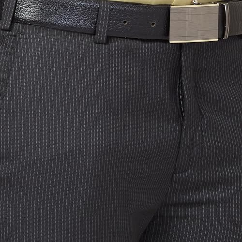 Image of Raymond Men Mid Rise Slim Fit Stripe Pattern Poly Viscose Blend Flat Front Formal Trouser