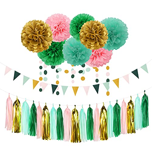 Image of Sage-Green Pink-Gold Baby Bridal-Shower Decorations - 30pcs Rustic Wedding Tissue Pom Poms,Tassel Garland Banner,Birthday Bachelorette Engagement Valentines Mothers Day Party Decor Lasting Surprise