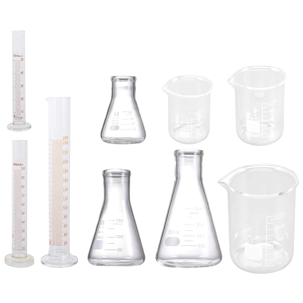 Laboratorium stożkowe - 9 sztuk materiałów laboratoryjnych (szklany cylinder z miarką i stożkową butelką)