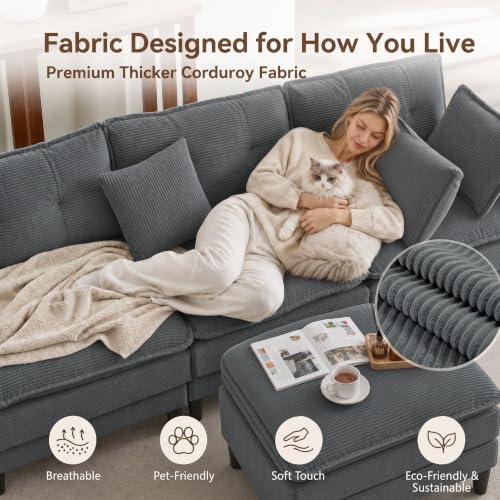 Image of 140.9 inch U-Shaped Modern Sofa Modular Sectional Cloud Couch with 2 Storage Ottoman Coffee Table, 4-Seat Corduroy Deep Seat Sofa with Throw Pillows for Living Room, Bedroom, Office, Grey