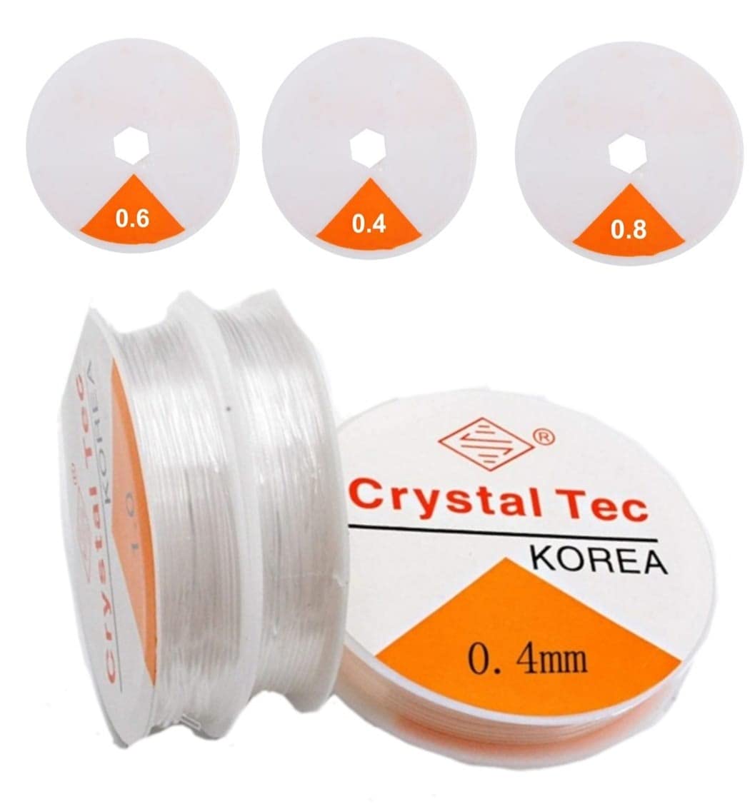 GrabMantra 3 Rolls of Crystal Elastic Stretch Polyester Threads Beading String Cord 10M Per Roll transparent color For Jewelry Bracelets Necklace Making Length 10m 3 rolls,.8mm,.6mm and 0.4mm(E)