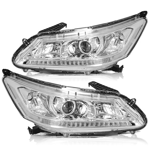 Aosky Headlight Assembly Compatible with 2013 2014 2015 Honda Accord 4-Door Sedan Projector Headlamps Replacement Driver & Passenger Side Chorme Housing Clear Reflector without DRL