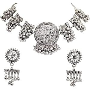 C&G INDIA Fashion Jewellery Oxidised Silver Choker Necklace Set for Women 15 5169eRKPzkS. SL500 . SS300