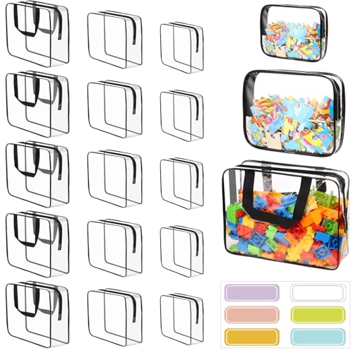 MBJZSL 18 Packs Large Toy Storage Bags with Labels, Clear PVC Bags Travel Waterproof Kids Toy Organizer Bags with Zipper for Building Blocks Puzzle Kids Books (Black)