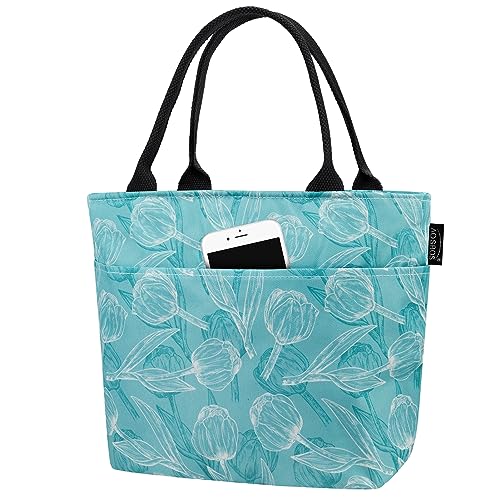 Aosbos Bolsa Termica Porta Alimentos 10L Bolsa Comida Trabajo Prueba de Fugas Bolsa de Almuerzo Impermeable Lunch Tote Bag Nevera Portatil Pequeña para Mujer Niños Oficina Colegio (Verde + Tulipán)