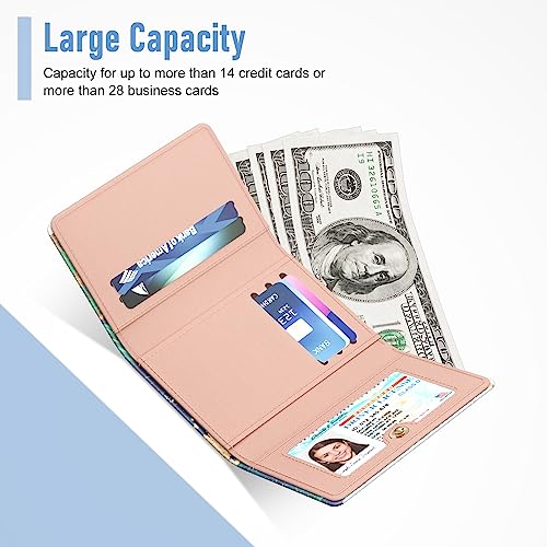 Image of Rouidr Womens Wallet, Small Slim RFID Card Wallets for Women, Cute Front Pocket Trifold Leather Card Organizer with 7 Slots & ID Window, Ocean Teal Marble