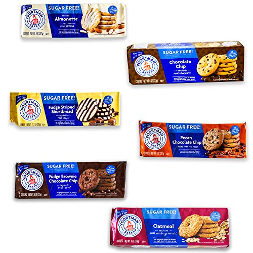 Voortman Sugar Free Cookies - Variety Pack - Chocolate Chip - Fudge Brownie - Fudge Shortbread - Pecan Chocolate Chip - Iced Almonette - Oatmeal - 6 Packs