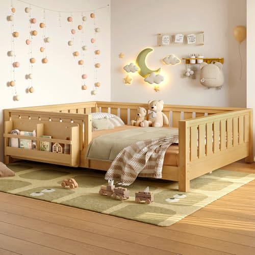 Bellemave Full Size Floor Bed with Slats and Safety Guardrail Full Size Montessori Floor Bed with Fence and Built-in Bookshelf Easy Assemble Montessori Beds for Kids Girls Boys Light Natural
