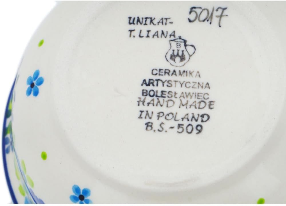 Polmedia Polish Pottery Bouillon Cup UNIKAT - Blue Kissed Petals Pattern Handmade in Boleslawiec Poland by Ceramika Artystyczna + Certificate of Authenticity