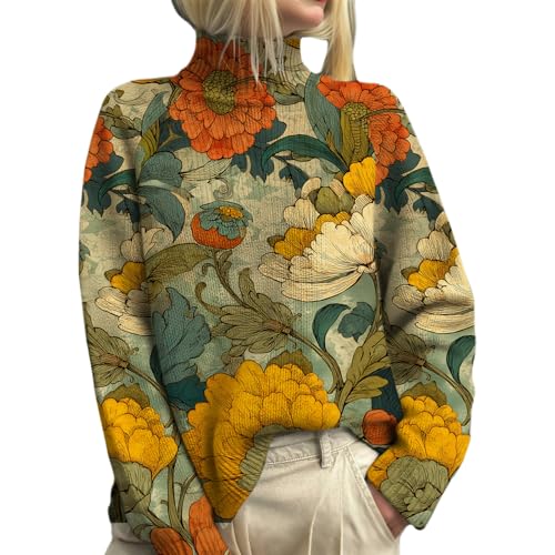 Ethnic Print Sweater for Women Turtleneck Long Sleeve Vintage Graphic Pullover Cozy Warm Casual Ribbed Knit Jumper Tops