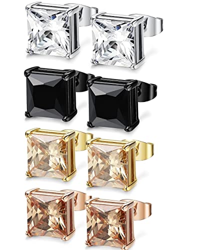 JeryWe 4 Paires Boucles d’Oreilles pour Homme Femme Acier Inoxydable Zirconium Cubique Clous D'oreilles Ensembles Carré Argent Noir Boucles D'oreilles Piercing 3-7MM (4 couleurs 3mm)