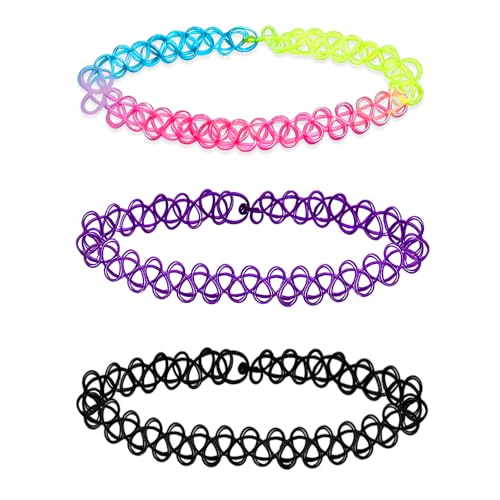 WLXNCYKE 3PCS Black Tattoo Choker Necklace Rainbow Tattoo Chokers Necklace Purple Tattoo Choker 90s Chokers Gothic Y2K 2000s Collar Adjustable Stretchy Elastic Necklace Jewelry Gift for Women