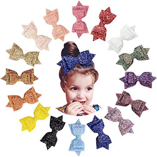 16pcs 5 Inch Glitter Hair Bows Clips Bling Party Hair Bows Clips Multi Color Glitter Sequins Hair Bows Alligator Clips for Girls Infants Toddlers