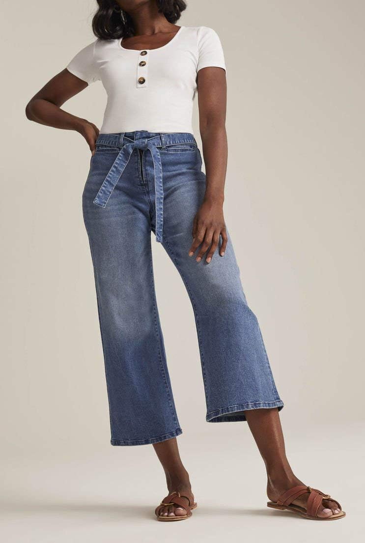 Long Tall Sally Tall Womens Tie Belt Wide Leg Denim Crop in Mid Blue