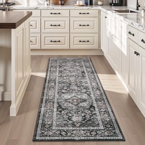 AMOAMI-2X6 Runner Rug-Washable Runners for Hallways-Soft Non Slip Bedside Rugs for Bedroom-Vintage Long Rug for Hallways Entryway Laundry Room Stair Kitchen Bathroom Dark Grey & Black Black 