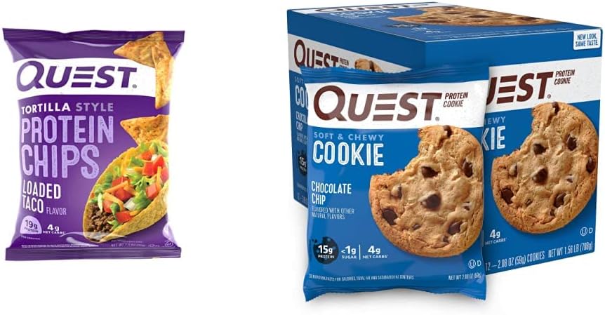 Quest Nutrition Tortilla Style Loaded Taco Protein Chips (Pack of 12) and Chocolate Chip Protein Cookie (12 Count)