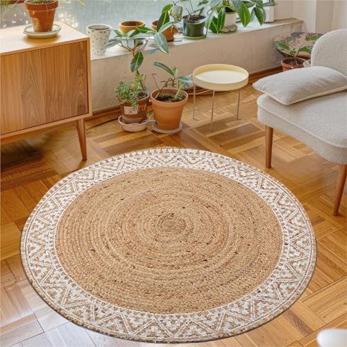 Image of voyzz home Premium Natural Jute Braided Area Rug, 6-feet Round, White Printed Border, Stain Resistance, Natural Handmade Rug for Entryways, Living Room, Dining Room, Bedroom, Farmhouse, Kitchen