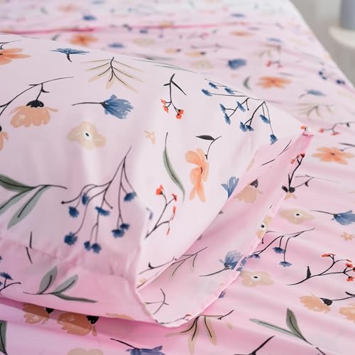 Image of Pink Flower Twin Sheets 3 Piece Set - Botanical Pattern Microfiber Bedding Decor - Breathable, Durable, Up to 16 inch Deep Pocket Bed Sheet for Girls