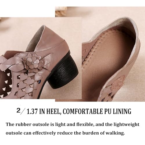 Women's Leather Hollow Chunky Heel Mary Janes Casual Round Toe Hook and Loop Soft Non-Slip Dress Pumps Comfort Flower Evening Dating Sandals4