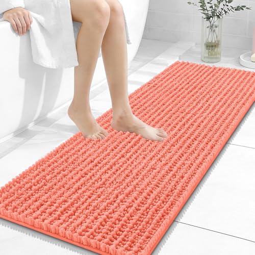 Image of OLANLY Long Bathroom Rugs Runner 47x17, Thick Soft and Absorbent Chenille Bath Mat, Non-Slip, Machine Washable Quick Dry Bath Rugs for Tub Shower Floor, Home Decor Accessories, Coral