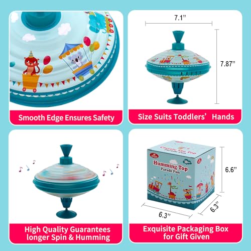 Beeqoo Humming Top Tin Spinning Top for Baby 18 Months and up, Classic Retro Toys for Toddler, Pump Spinner with Base, Parade Fun 7.9” Large Size