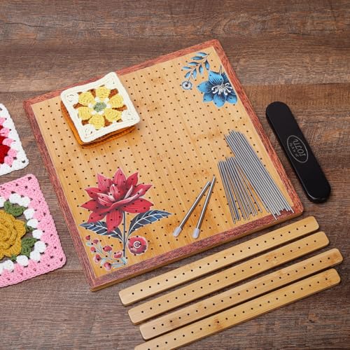 Image of ULOI 13 inch Crochet Blocking Board - Upgraded Style with 4 Tension Rods and 20 Pegs - Blocking Boards for Crochet Projects, Ideal for Granny Square Card Deck Users (Crimson)