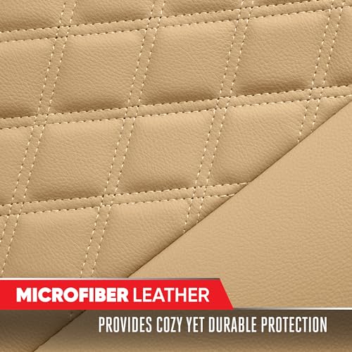 Image of Motor Trend Rear Seat Cushion - Beige Diamond Stitched Faux Leather Rear Seat Cover for Cars, Trucks, SUVs - Padded, Waterproof, Non-Slip Back Seat Cover with Storage Pockets