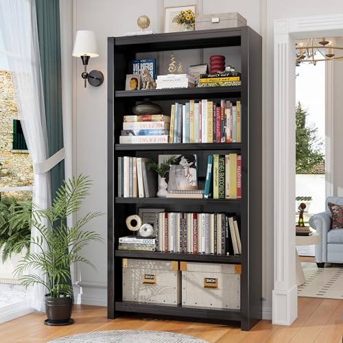 Image of 5 Tier Metal Bookshelf, 69 inch Tall Heavy Duty Bookcase, Black Bookcase with Wide Display Shelves, Industrial Bookshelf for Living Room, Bedroom, Home Office