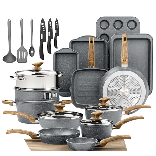 Kitchen Academy - Juego de ollas de 30 piezas con revestimiento de inducción, tapas de vidrio y recubrimiento de granito, incluyendo sartenes y ollas (gris, 30 piezas)