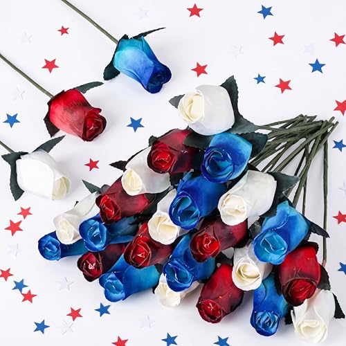 Suncalla 24 Pcs Realistic Patriotic Wooden Roses 13 Inch Red Blue White Patriotic Beautiful Fake Roses Flower for 250th Anniversary Veterans Holiday Decor Women Men Home